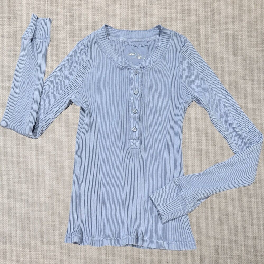 Aerie Ribbed Henley Long Sleeve Top Blue XS Loungewear Stretch Knit